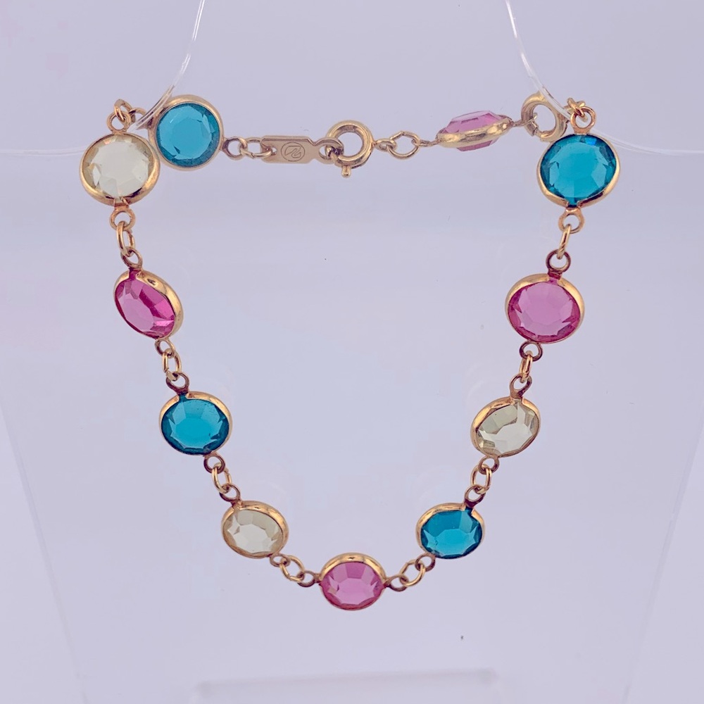SWAROVSKI BRACELET AUSTRIAN CRYSTAL BLUE/TEAL PINK CLR BEZELS VINTAGE 7.25 +1"